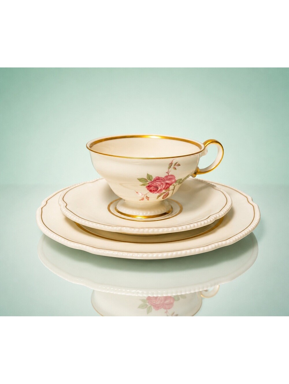 Castleton China 1950s Tea Trio Dolly Madison Pink Rose Cup Saucer Dessert Plate